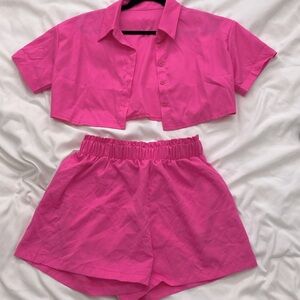 Two Piece Pink Shirt and Short Set